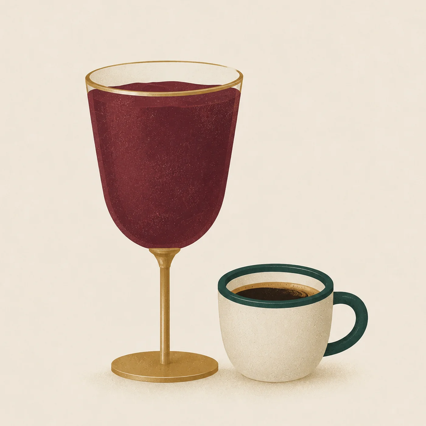 Illustration of a glass of red wine beside a cup of coffee