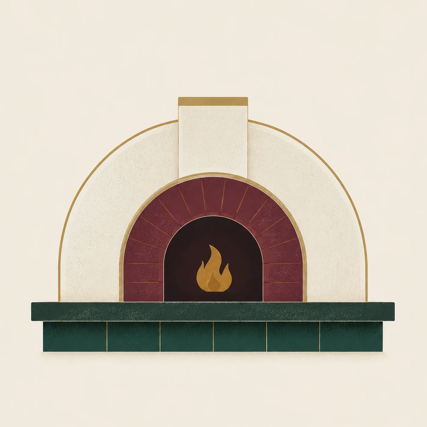 Illustration of the domed pizza oven with the fire lit