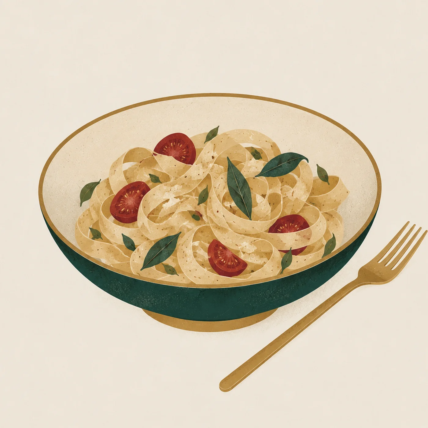 Illustration of a bowl of tagliatelle with tomato and basil, with a fork beside it