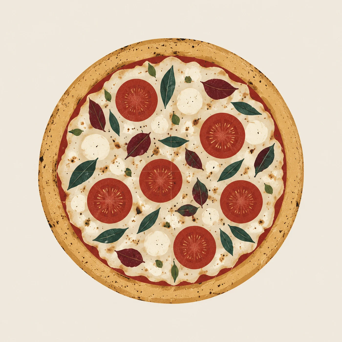 Illustration of a margherita pizza with tomato, mozzarella and basil