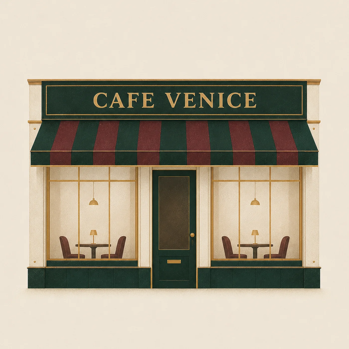 Illustration of the Cafe Venice shopfront: green fascia, striped awning and lit tables in the windows